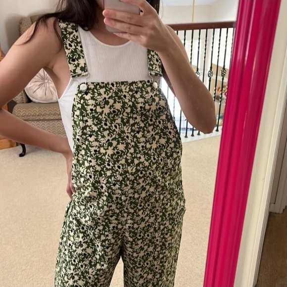 Zara Floral Wide Leg Cotton Overalls Green NWOT Size Medium - Picture 3 of 8